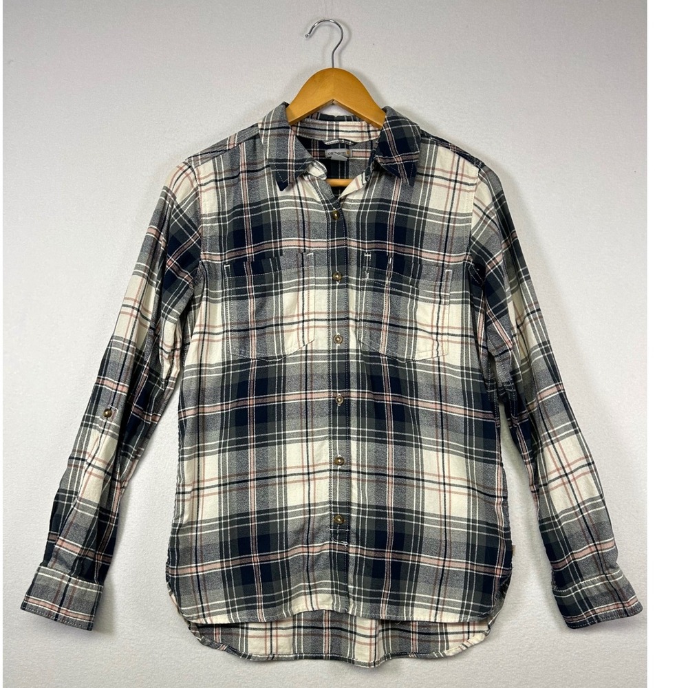 Workwear Carhartt Womens S Navy Pink Plaid Flannel Button Down Shirt‎ Utility